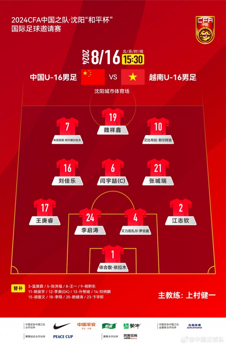 中國(guó)U16vs越南U16首發(fā)：隊(duì)長(zhǎng)閆宇喆領(lǐng)銜出戰(zhàn)，張洪福替補(bǔ)